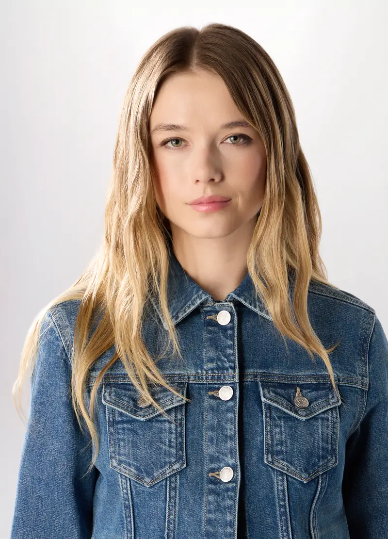 Giacca In Denim Di Puro Cotone Donna, Unisex, Blu denim miniatura 3