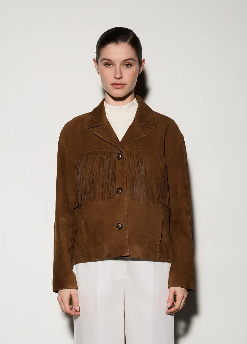 Giacca In Vera Pelle Scamosciata Con Frange Donna, Unisex, Marrone scuro miniatura 2