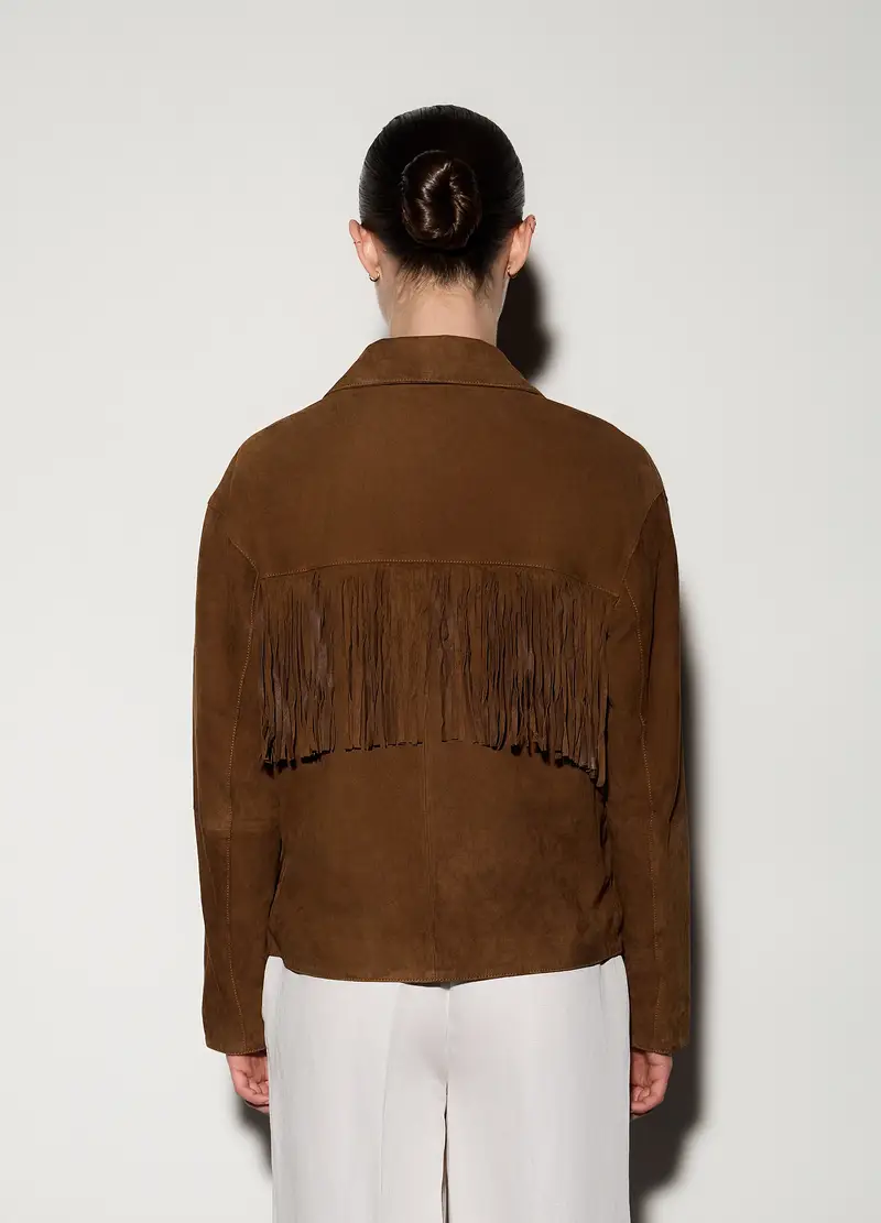 Giacca In Vera Pelle Scamosciata Con Frange Donna, Unisex, Marrone scuro miniatura 3