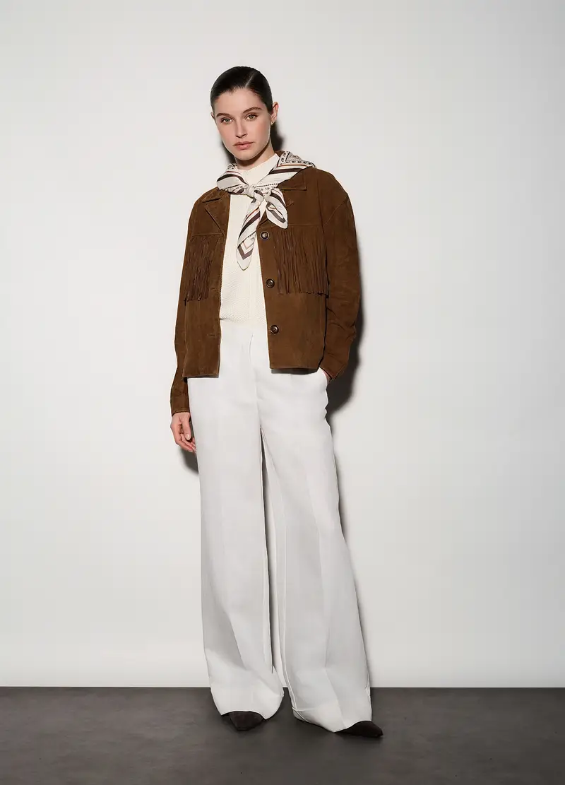 Giacca In Vera Pelle Scamosciata Con Frange Donna, Unisex, Marrone scuro