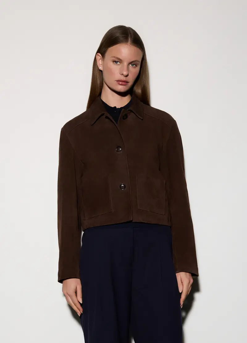 Giacca In Vera Pelle Scamosciata Donna, Unisex, Marrone scuro miniatura 2