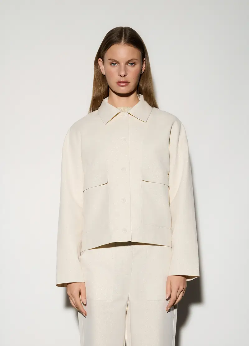 Giacchina Misto Lino Con Colletto Alla Francese Donna, Unisex, Bianco avorio miniatura 2