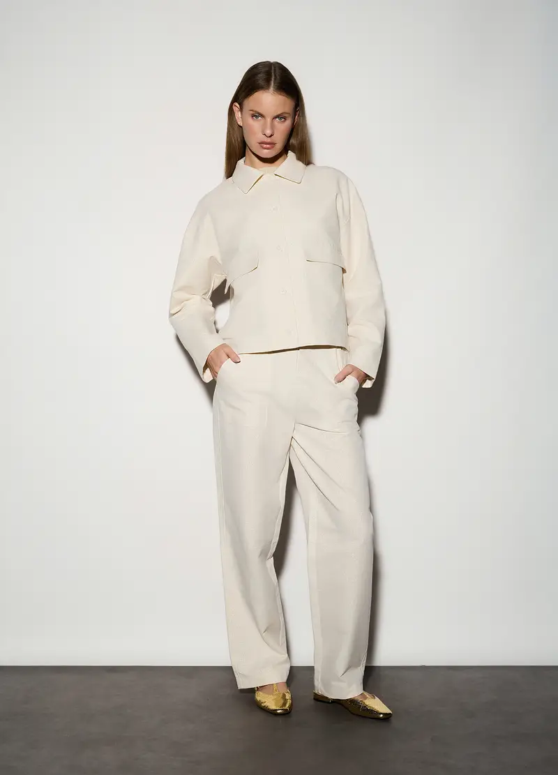 Giacchina Misto Lino Con Colletto Alla Francese Donna, Unisex, Bianco avorio