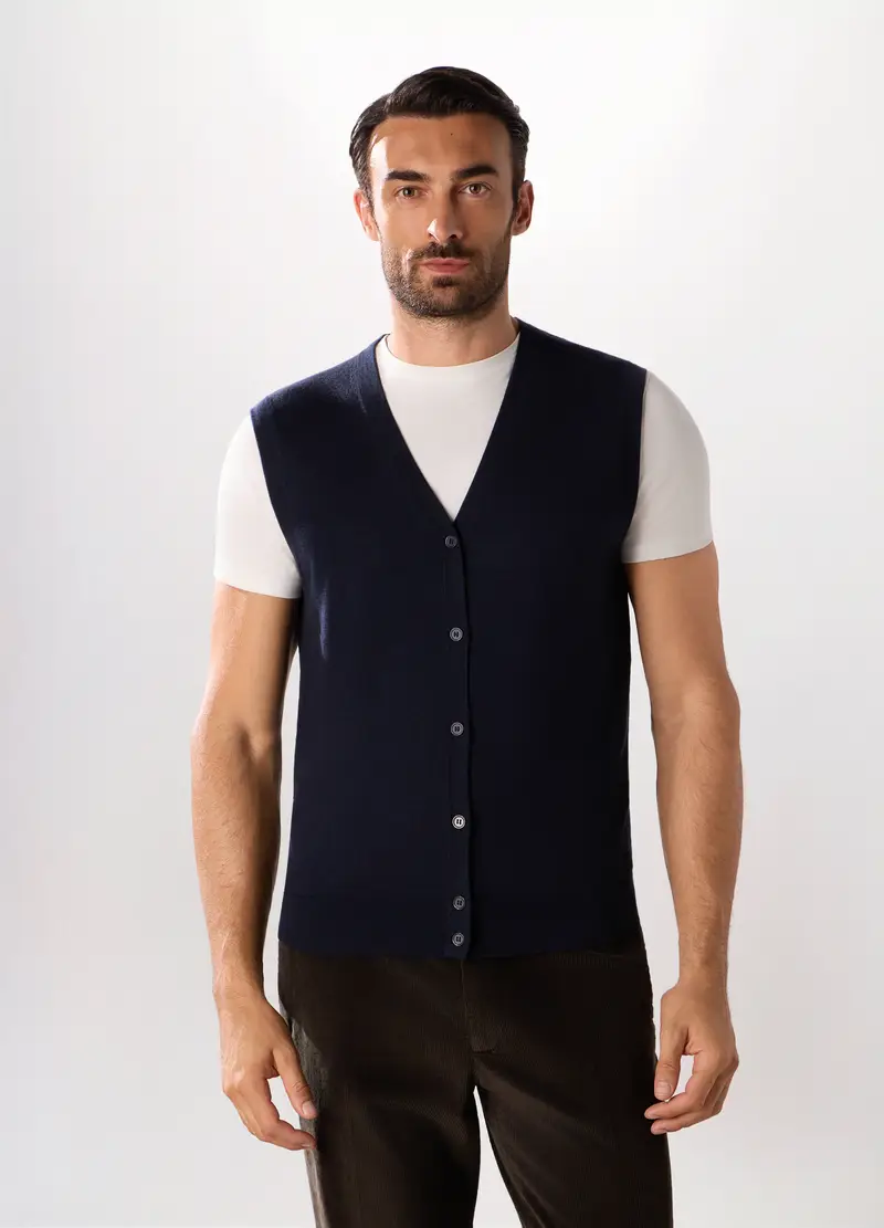 Gilet Collo A V In Lana Merino Uomo, Blu scuro