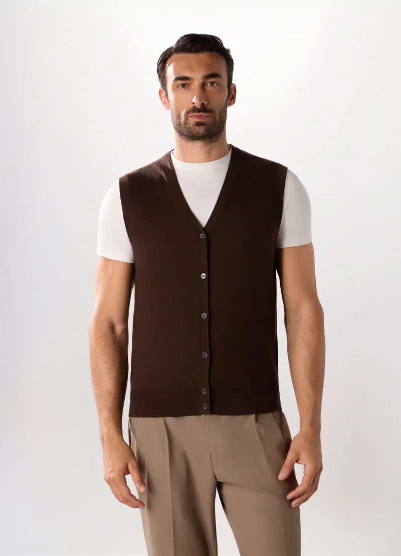 Gilet Collo A V In Lana Merino Uomo, Marrone cioccolato