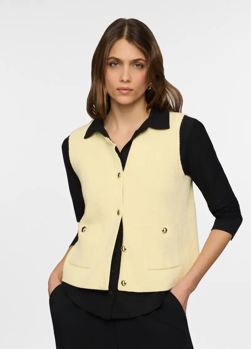 Gilet Girocollo In Costina Donna, Giallo chiaro