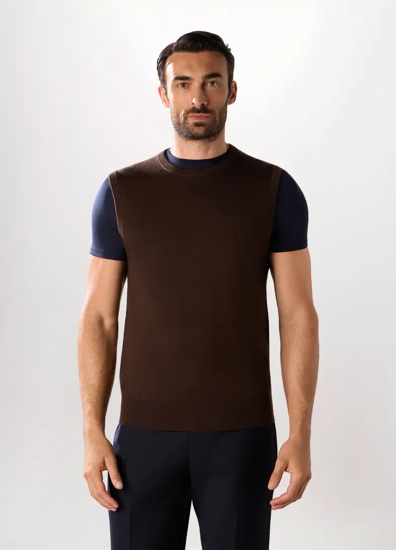 Gilet Girocollo In Lana Merino Uomo, Marrone cioccolato