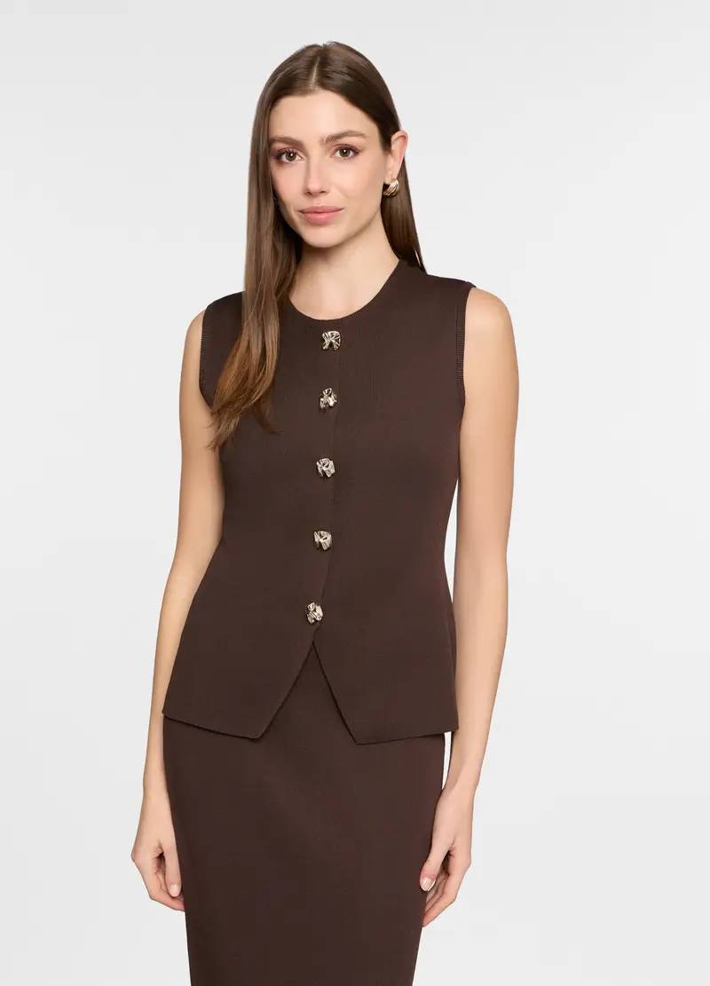 Gilet Girocollo In Maglia Donna, Marrone cioccolato