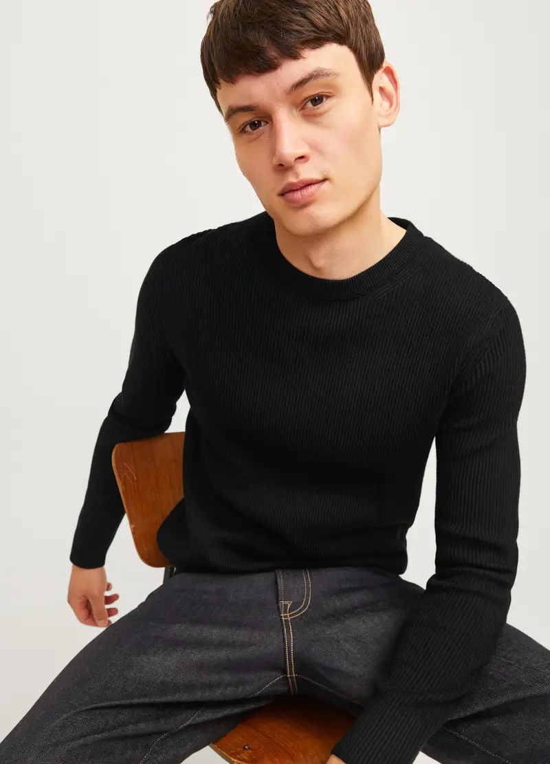 Girocollo In Maglia A Costine Uomo, Unisex, Blu scuro miniatura 3