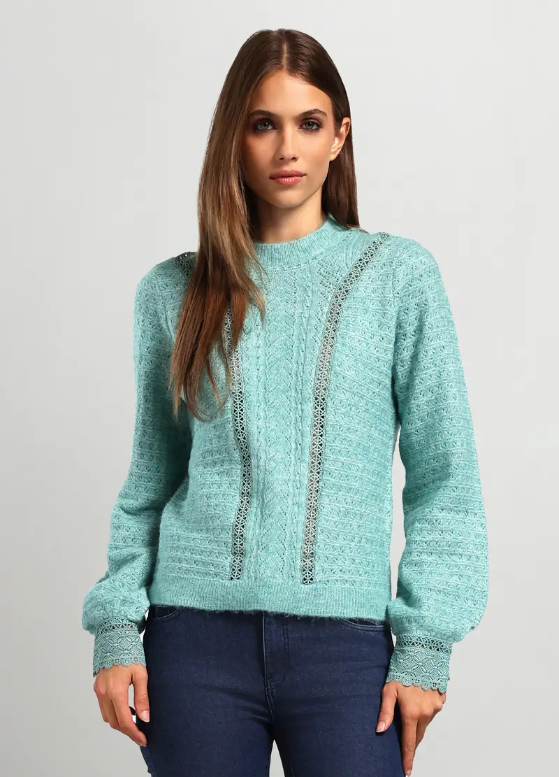 Girocollo Tricot Con Inserti Donna, Azzurro acquamarina