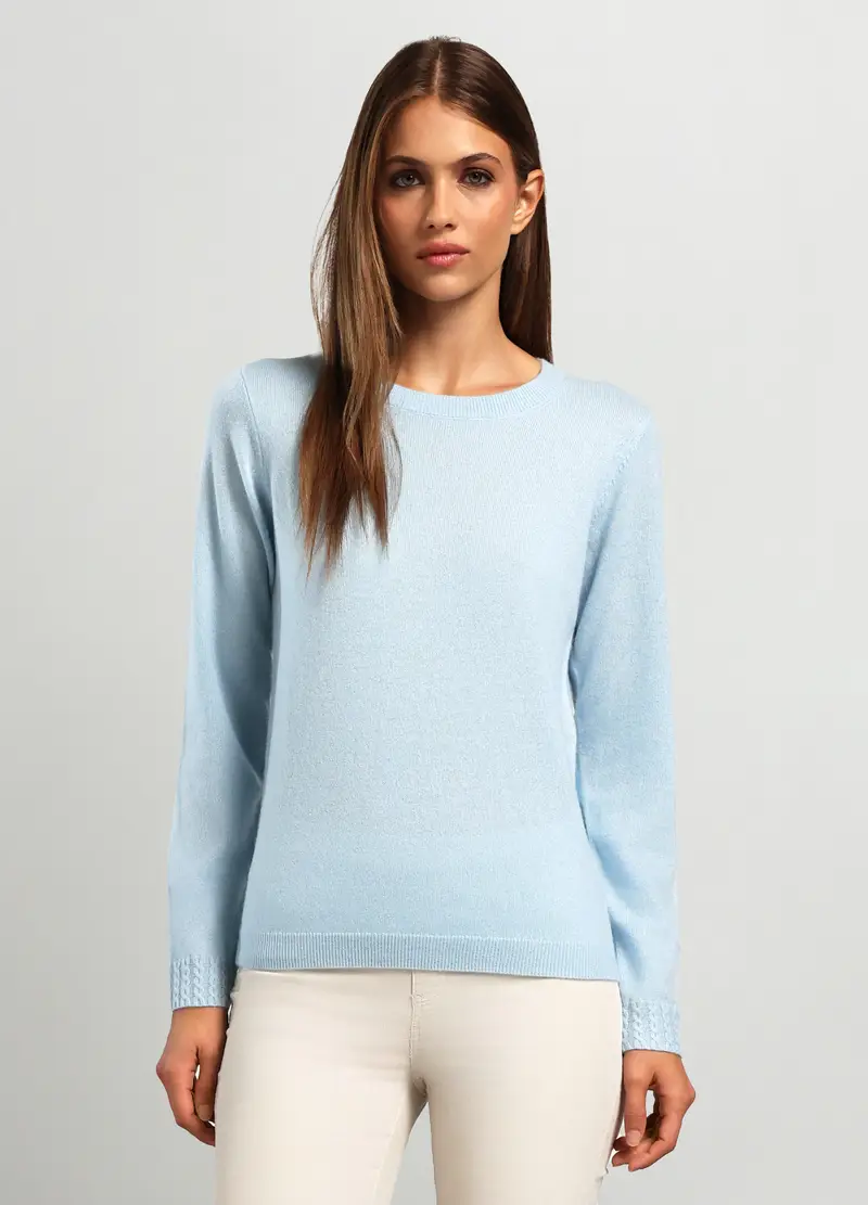 Girocollo Tricot In Puro Cashmere Donna, Azzurro chiaro