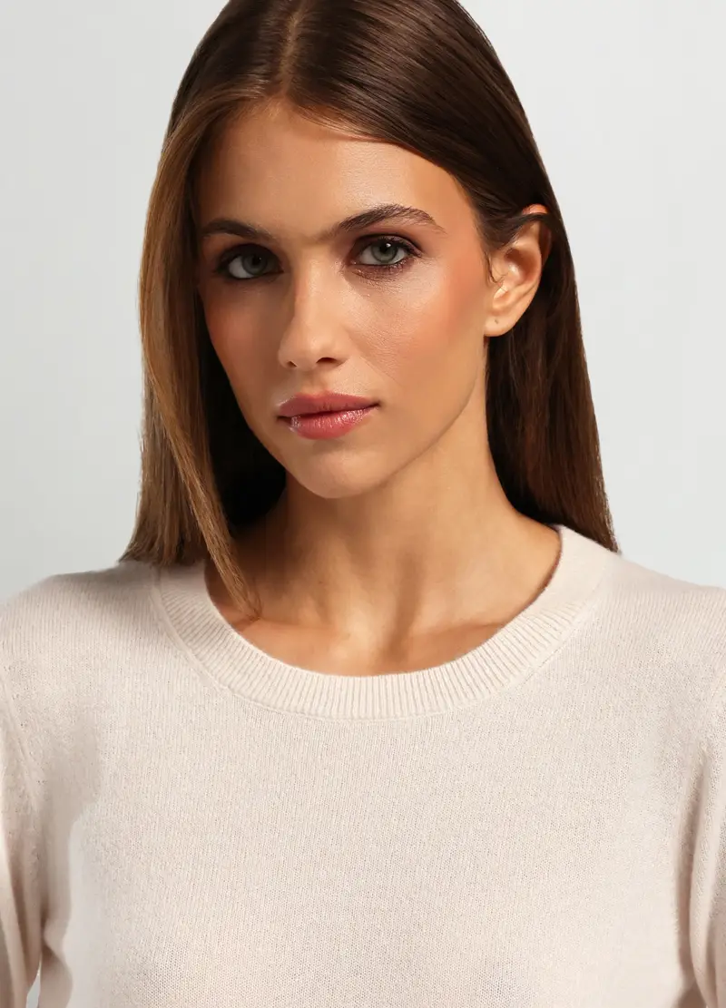 Girocollo Tricot In Puro Cashmere Donna, Bianco avorio miniatura 3