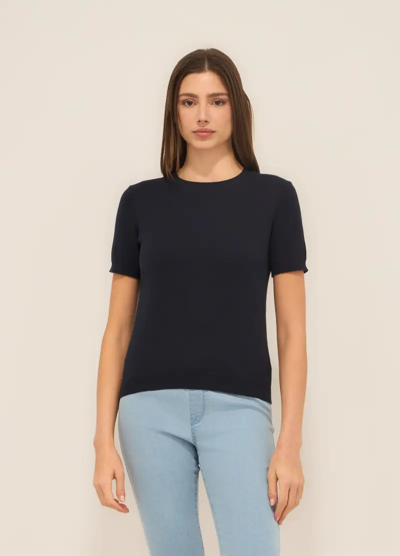 Girocollo Tricot In Puro Cotone Donna, Blu scuro