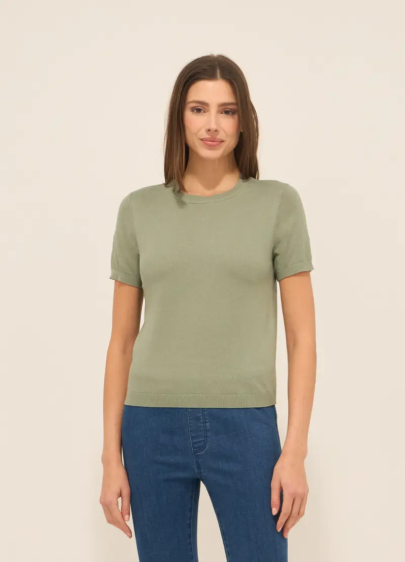 Girocollo Tricot In Puro Cotone Donna, Verde salvia