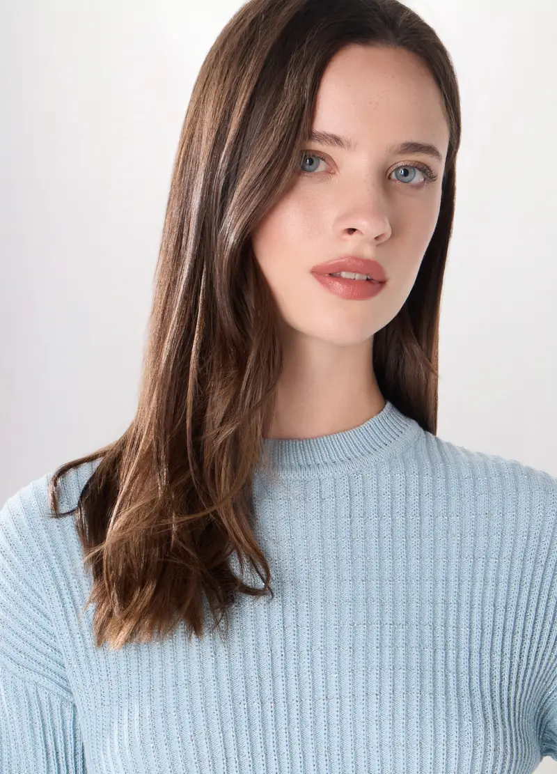 Girocollo Tricot Misto Cotone Donna, Azzurro chiaro miniatura 3