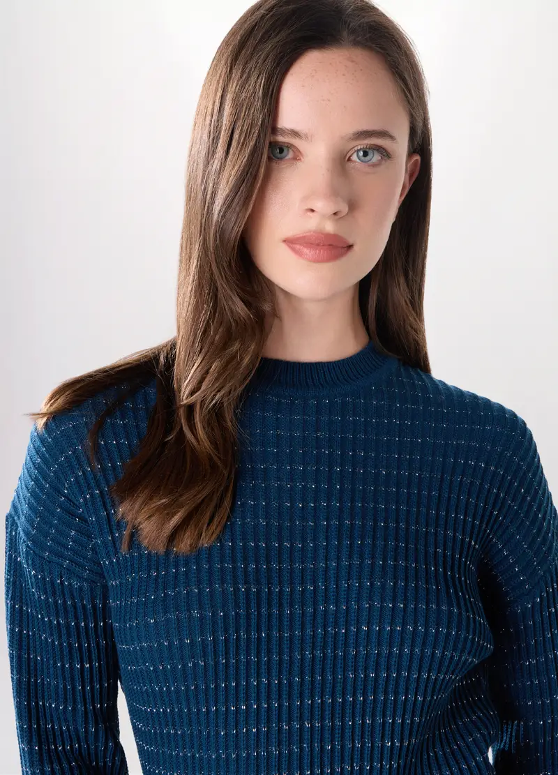 Girocollo Tricot Misto Cotone Donna, Blu Bluette miniatura 3