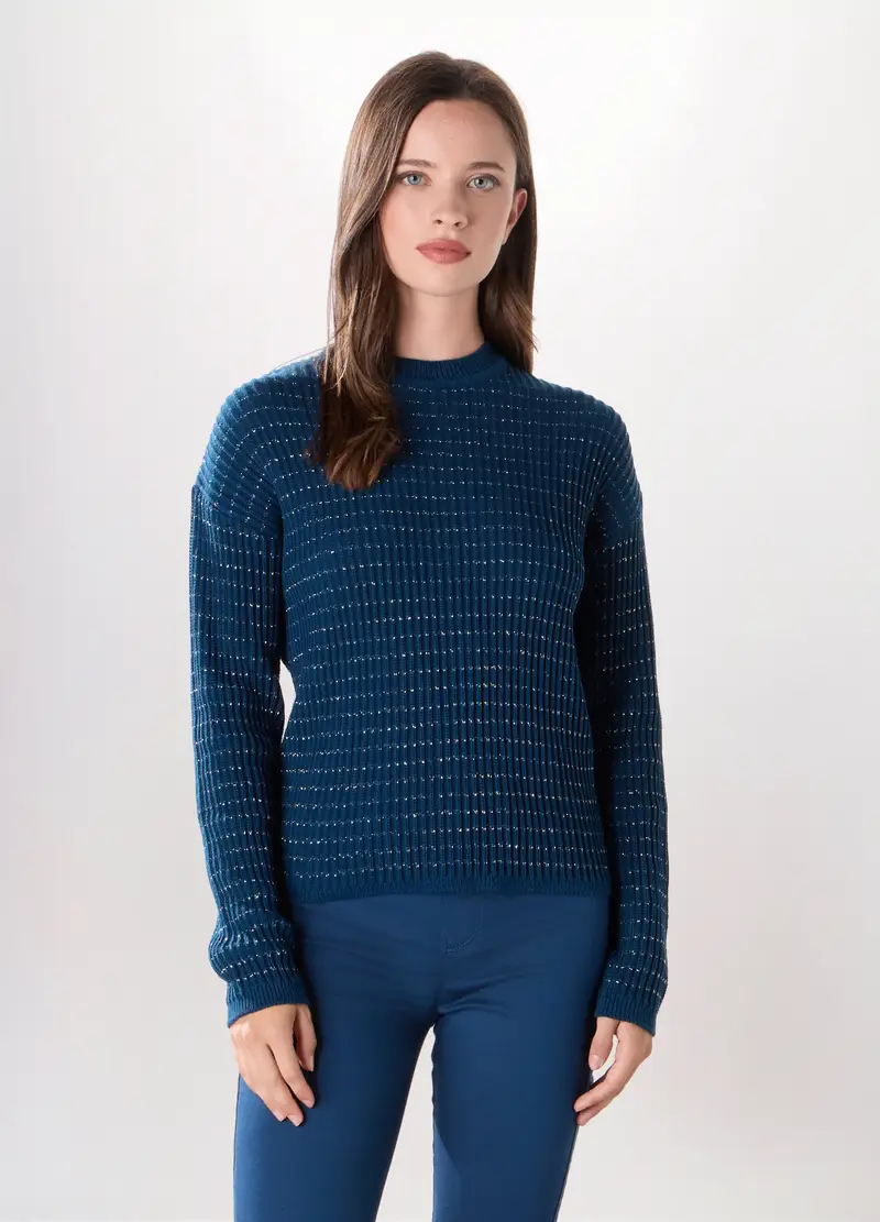 Girocollo Tricot Misto Cotone Donna, Blu Bluette