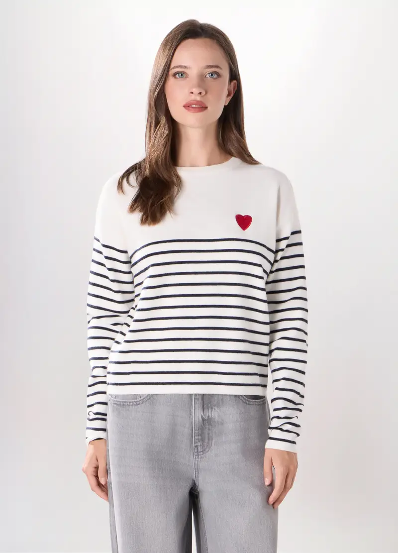 Girocollo Tricot Misto Viscosa Donna, Bianco/Nero