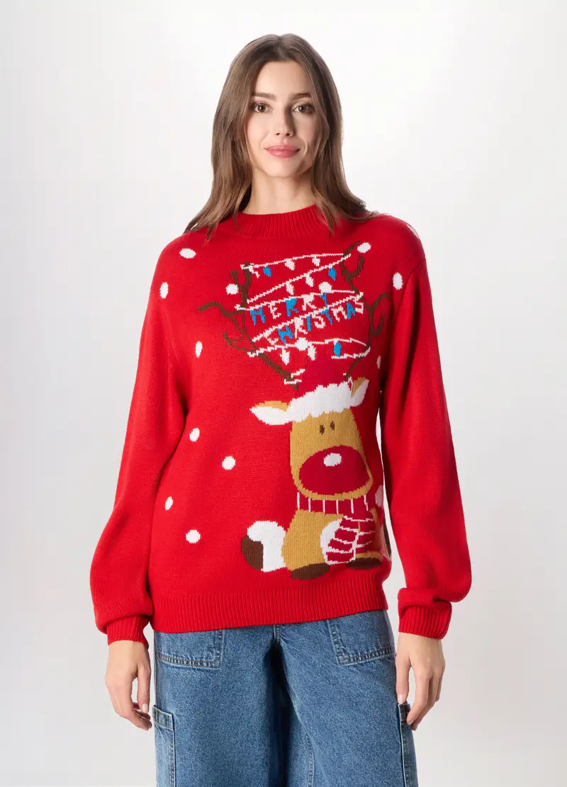 Girocollo Tricot Natalizio Donna, Rosso aragosta