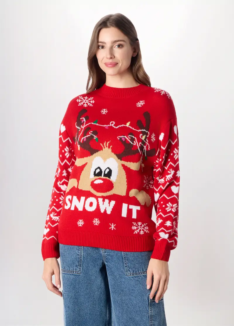 Girocollo Tricot Natalizio Donna, Rosso aragosta