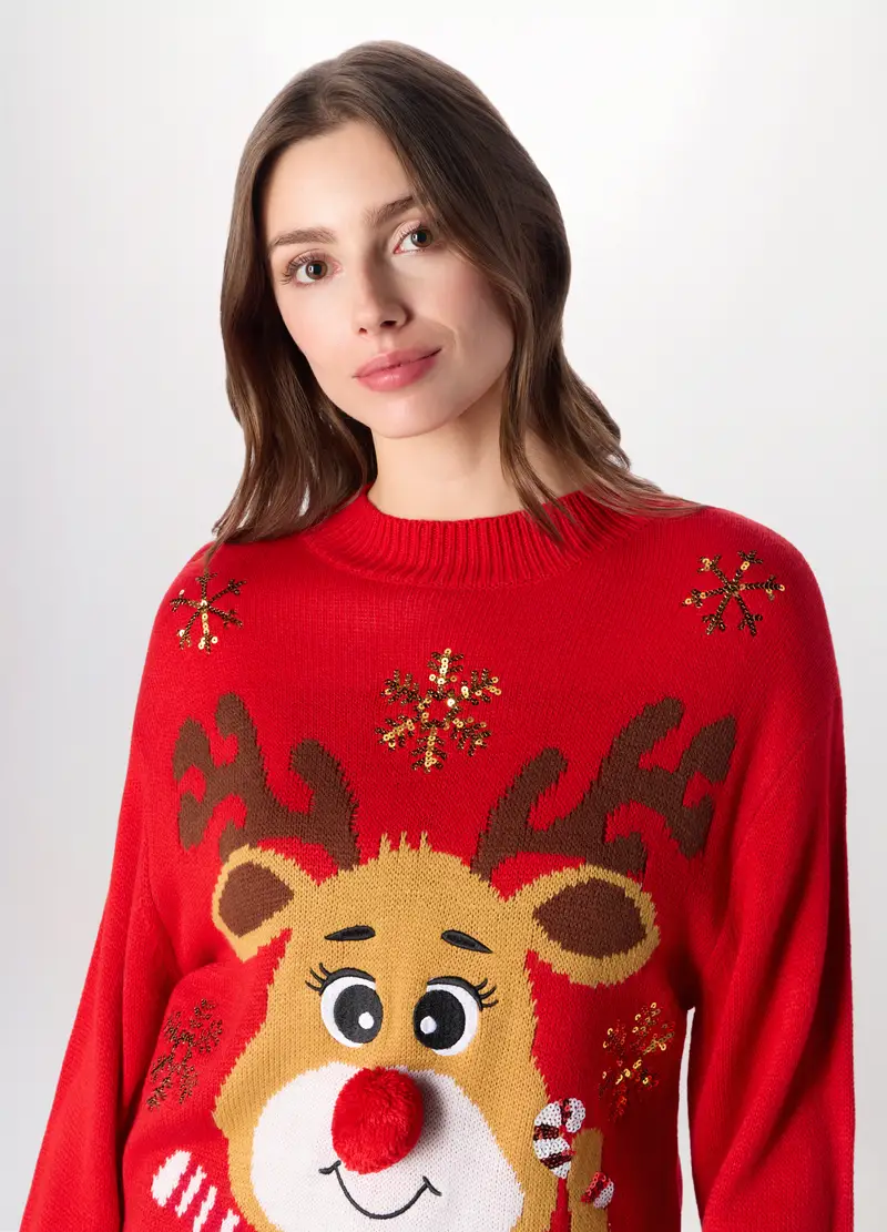 Girocollo Tricot Natalizio Donna, Rosso aragosta miniatura 3