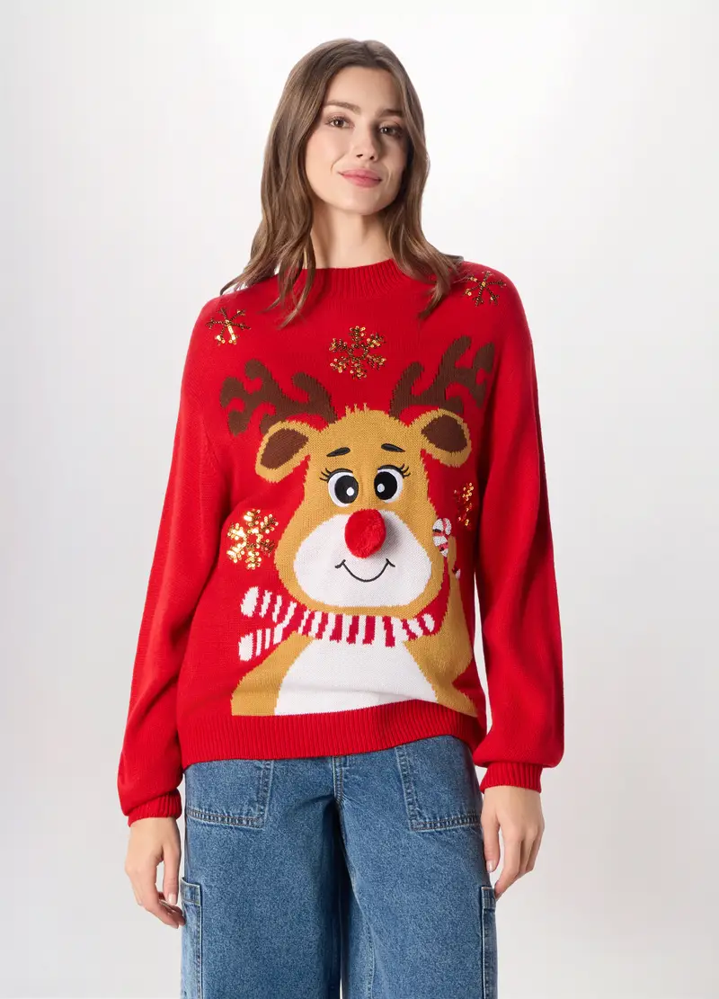 Girocollo Tricot Natalizio Donna, Rosso aragosta