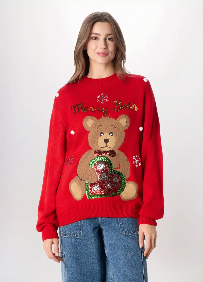 Girocollo Tricot Natalizio Donna, Rosso aragosta