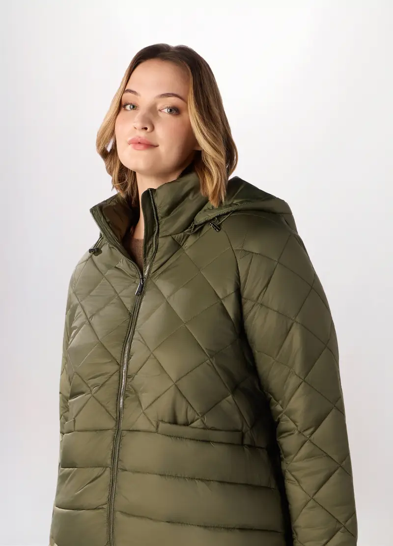 Giubbino Imbottito Con Cappuccio Donna Curvy, Verde oliva miniatura 3