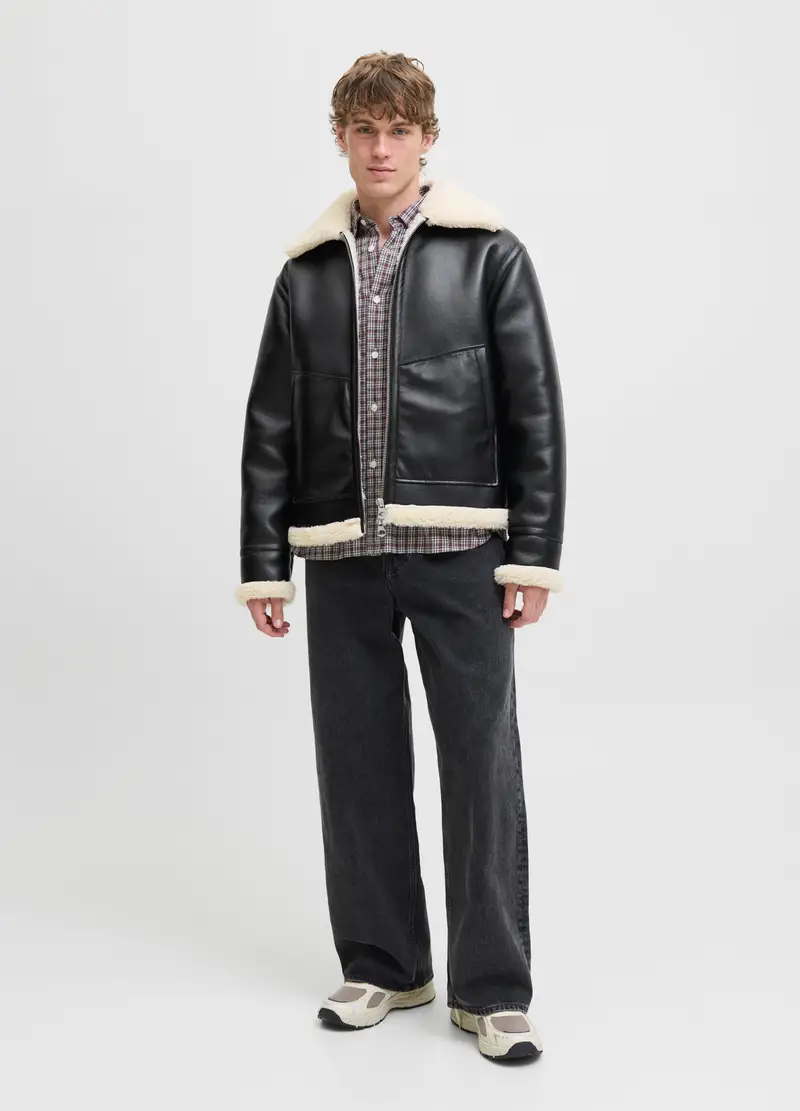 Giubbotto Shearling In Ecopelle Uomo, Unisex, Nero miniatura 3