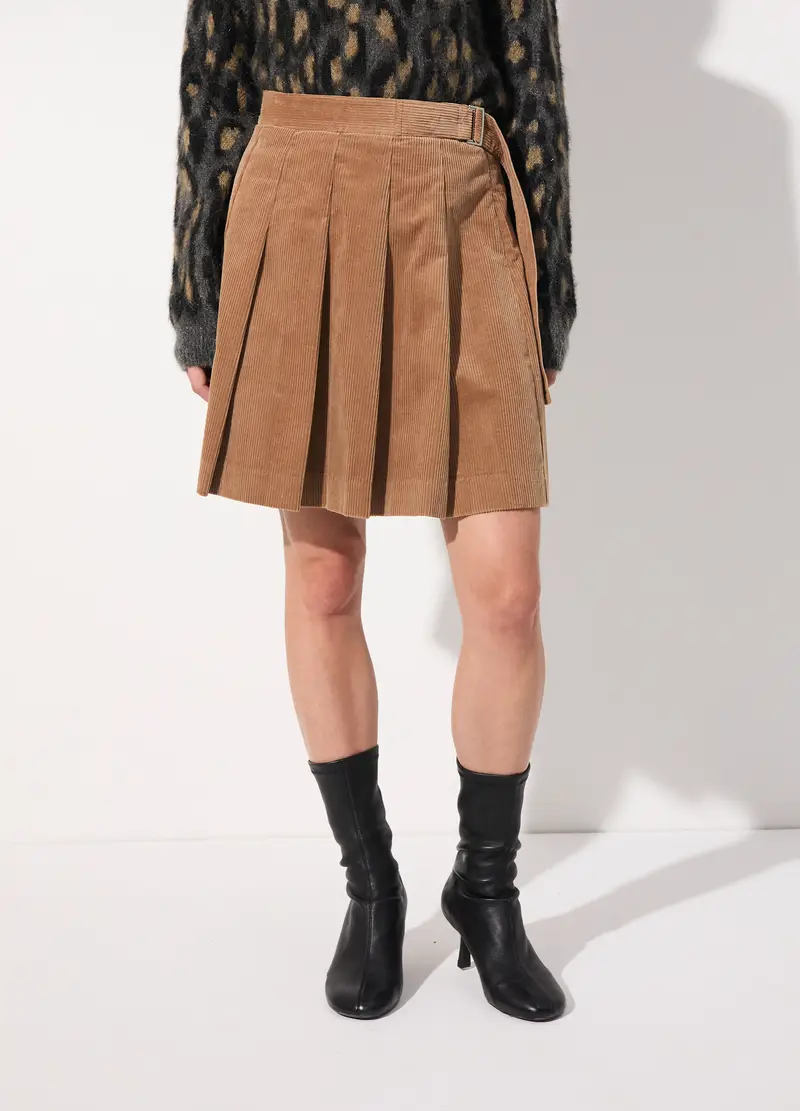 Gonna Corta A Pieghe In Velluto Corduroy Donna, Unisex, Marrone chiaro miniatura 2