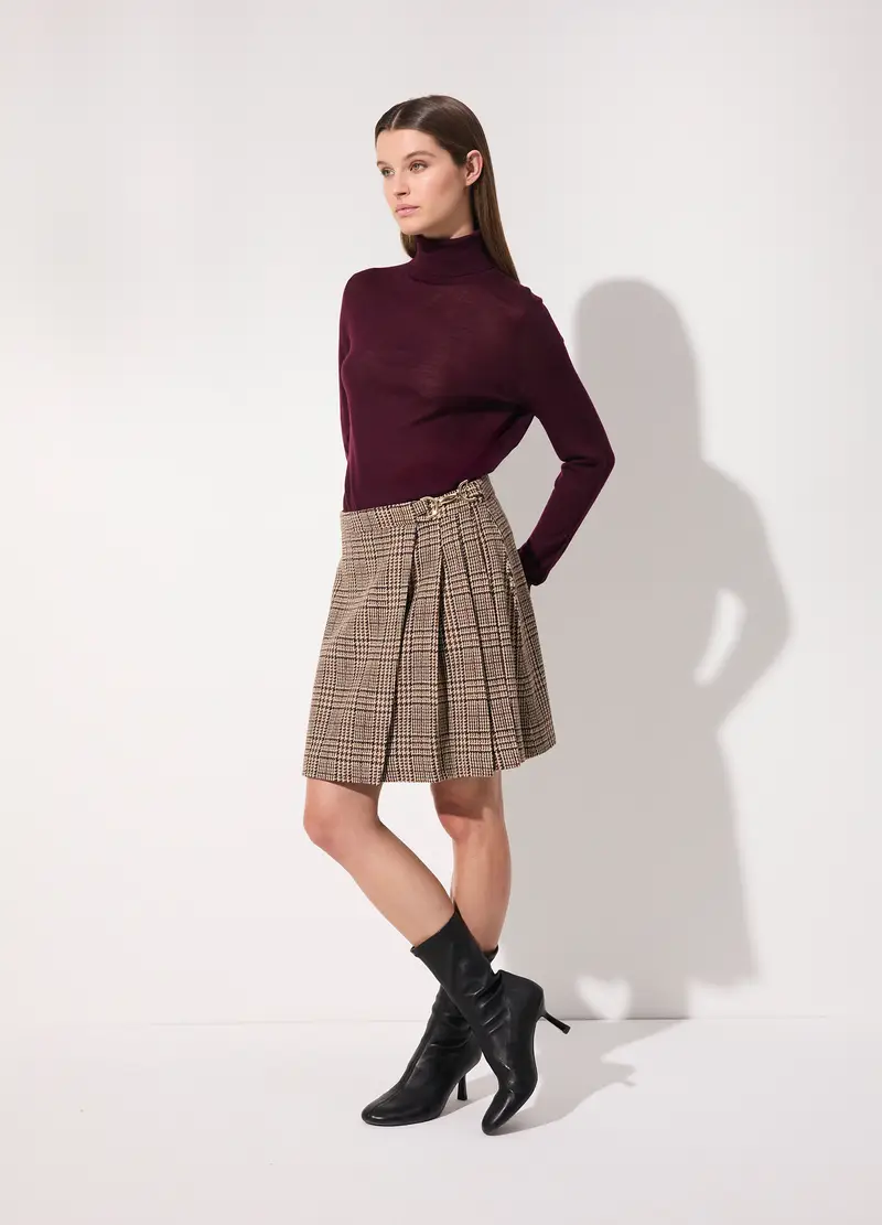 Gonna Corta In Misto Lana A Quadri Donna, Unisex, Marrone chiaro