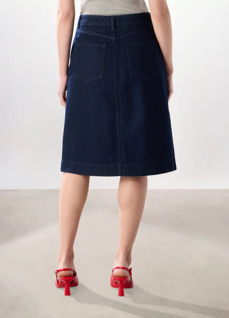 Gonna In Denim Di Puro Cotone Donna, Blu scuro miniatura 2