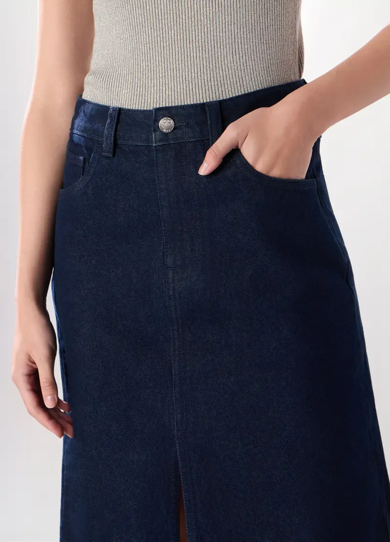 Gonna In Denim Di Puro Cotone Donna, Blu scuro miniatura 3