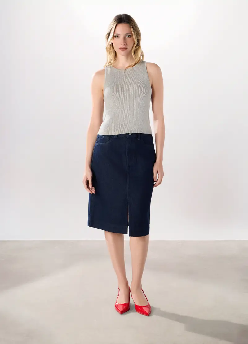 Gonna In Denim Di Puro Cotone Donna, Blu scuro