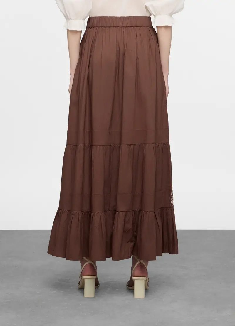 Gonna Lunga A Balze In Popeline Di Puro Cotone Donna, Marrone cioccolato miniatura 2