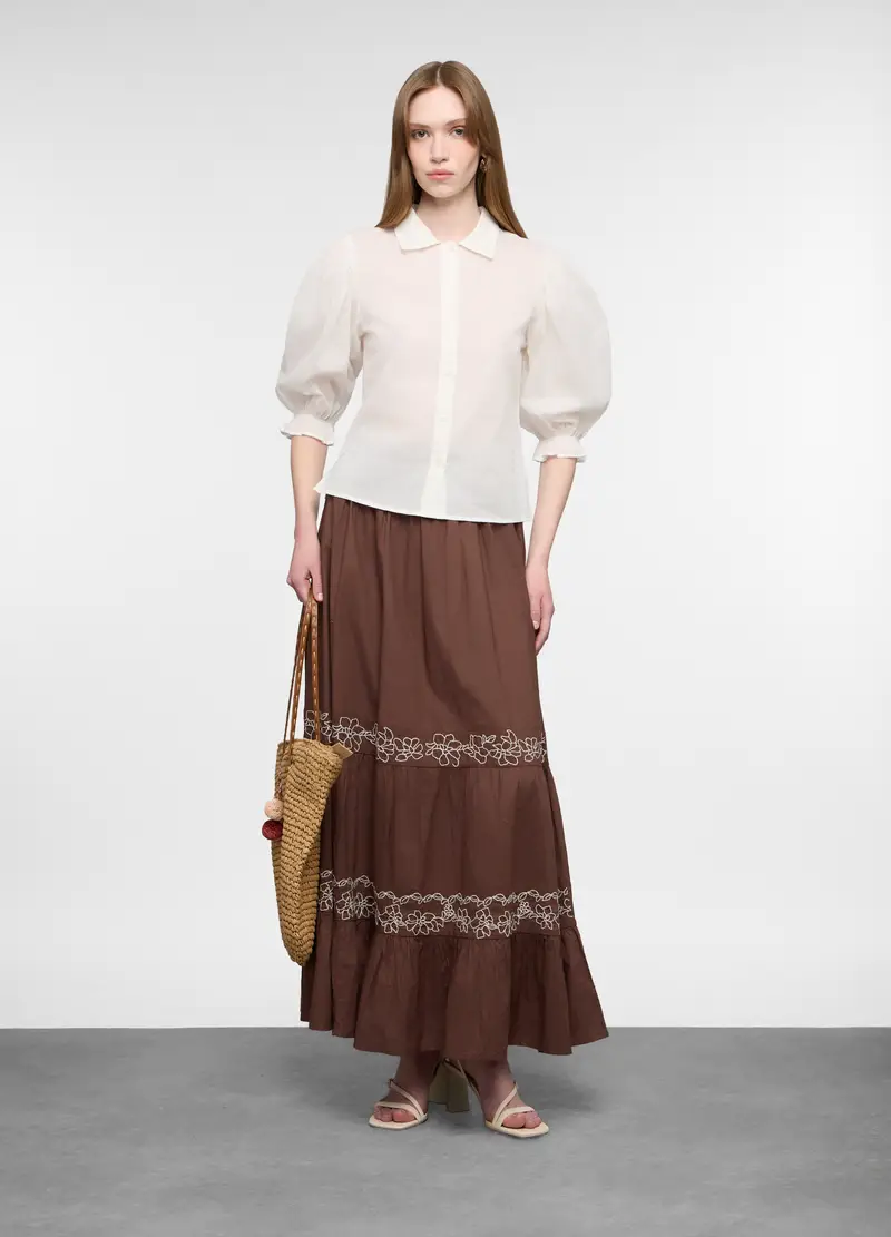 Gonna Lunga A Balze In Popeline Di Puro Cotone Donna, Marrone cioccolato