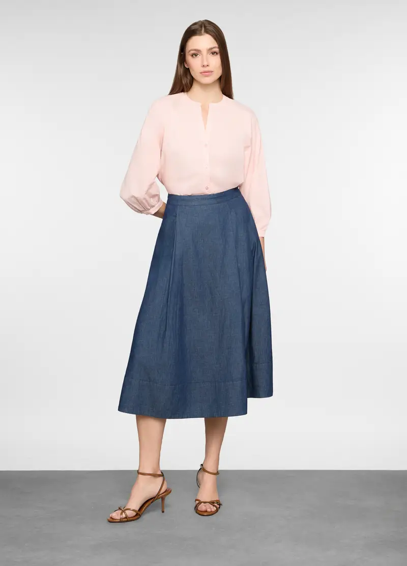Gonna Lunga In Chambray Di Puro Cotone Donna, Blu chambray