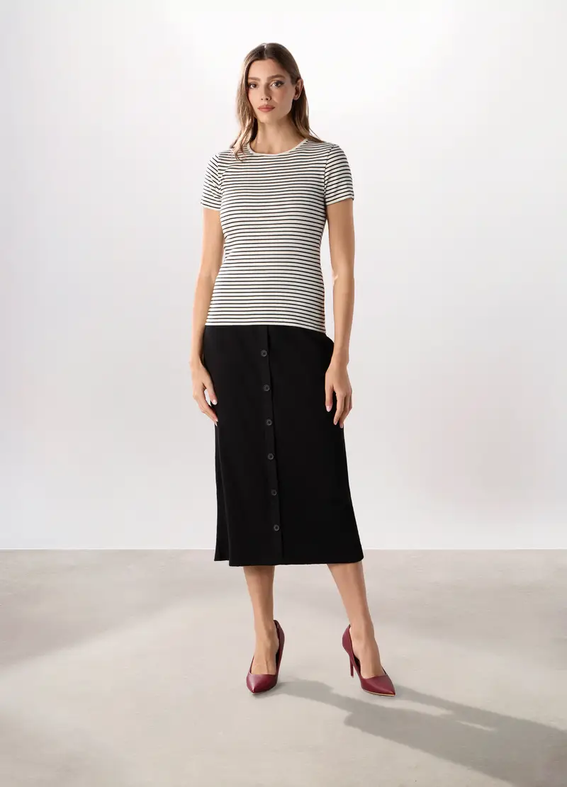 Gonna Lunga In Costina Di Cotone Stretch Donna, Nero