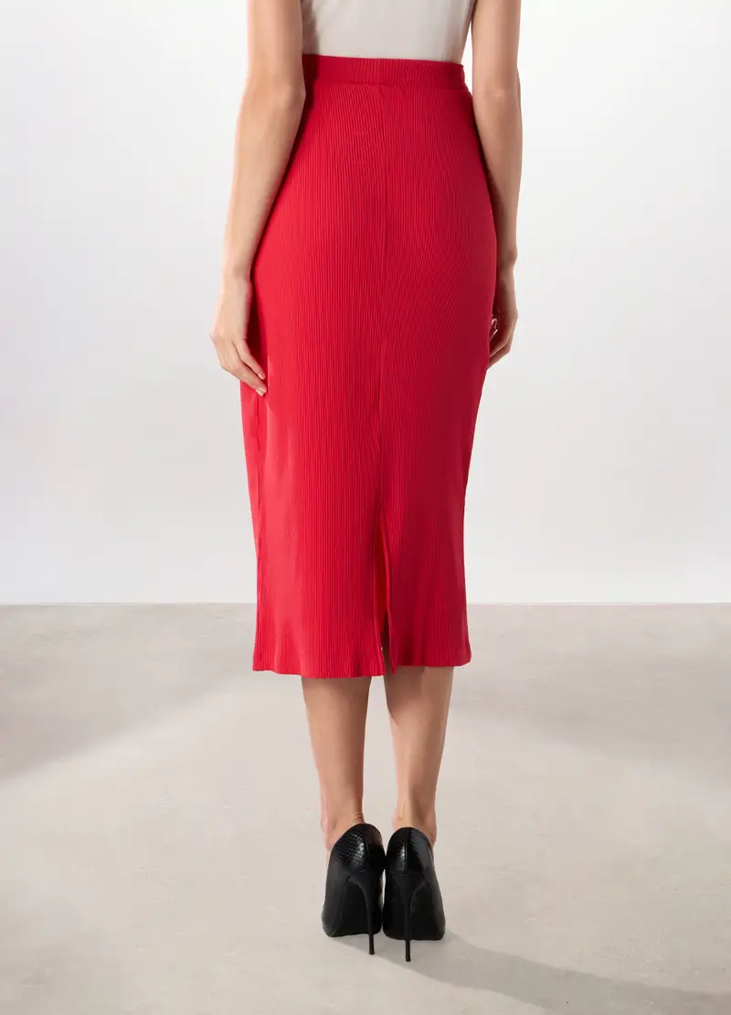 Gonna Lunga In Costina Di Cotone Stretch Donna, Rosso aragosta miniatura 2