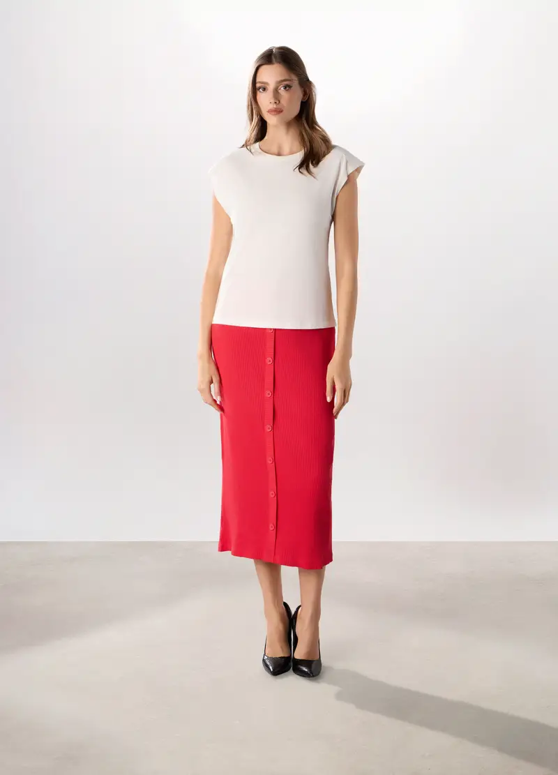 Gonna Lunga In Costina Di Cotone Stretch Donna, Rosso aragosta