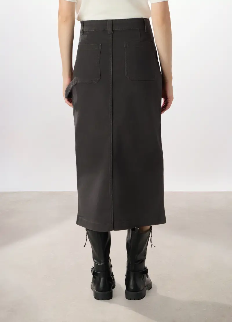 Gonna Lunga In Denim Di Cotone Stretch Donna, Grigio cenere miniatura 2