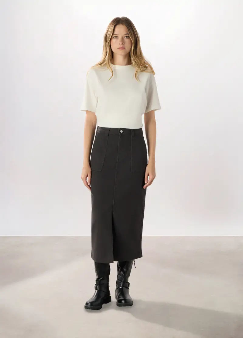 Gonna Lunga In Denim Di Cotone Stretch Donna, Grigio cenere