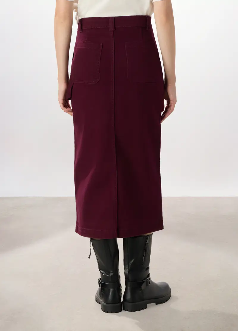 Gonna Lunga In Denim Di Cotone Stretch Donna, Rosso bordeaux miniatura 2