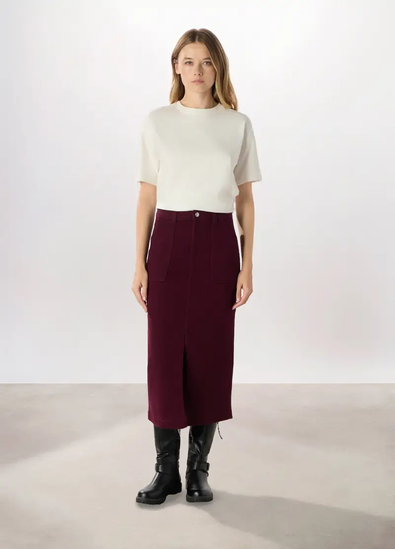 Gonna Lunga In Denim Di Cotone Stretch Donna, Rosso bordeaux