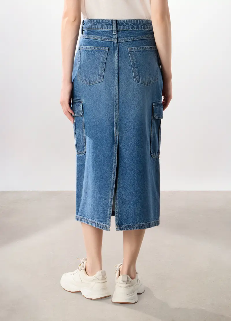 Gonna Lunga In Denim Di Puro Cotone Donna, Blu denim miniatura 2