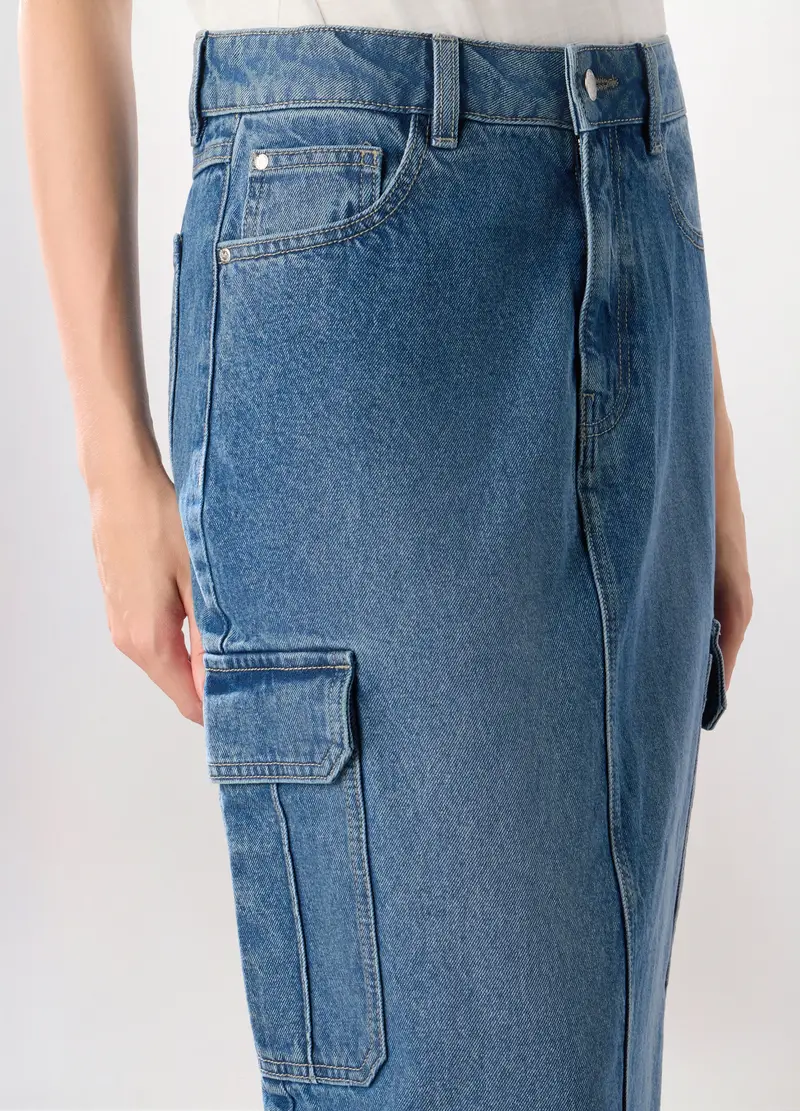 Gonna Lunga In Denim Di Puro Cotone Donna, Blu denim miniatura 3