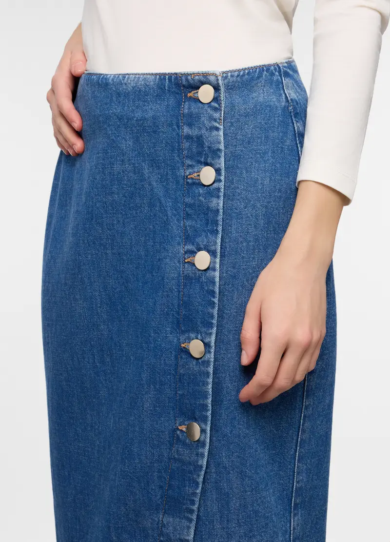 Gonna Lunga In Denim Di Puro Cotone Donna, Blu denim miniatura 3