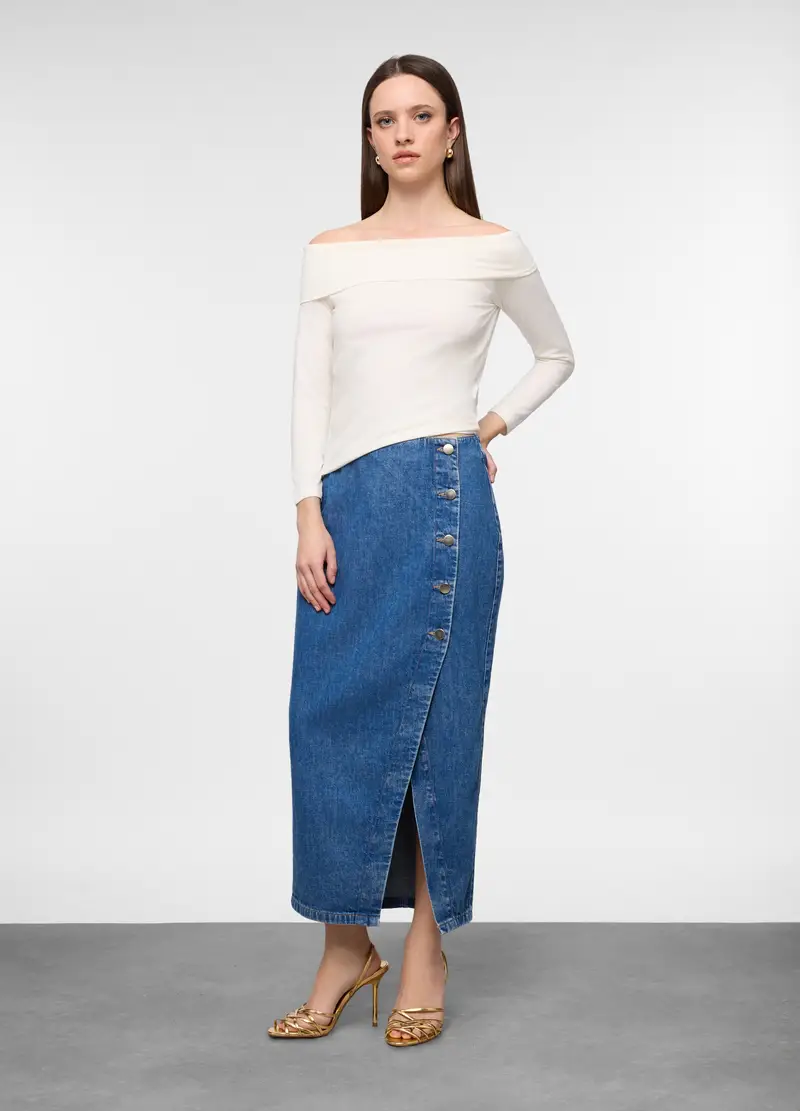 Gonna Lunga In Denim Di Puro Cotone Donna, Blu denim
