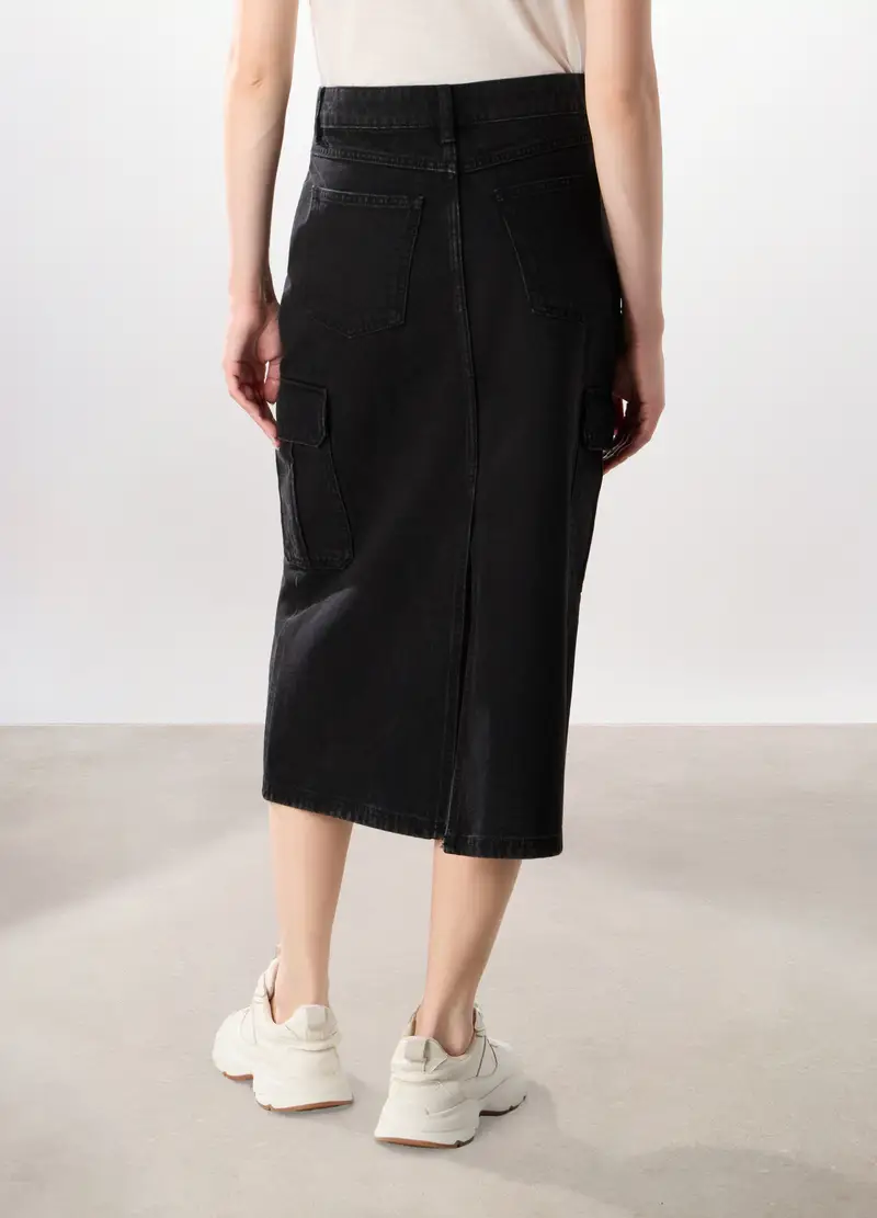 Gonna Lunga In Denim Di Puro Cotone Donna, Nero miniatura 2