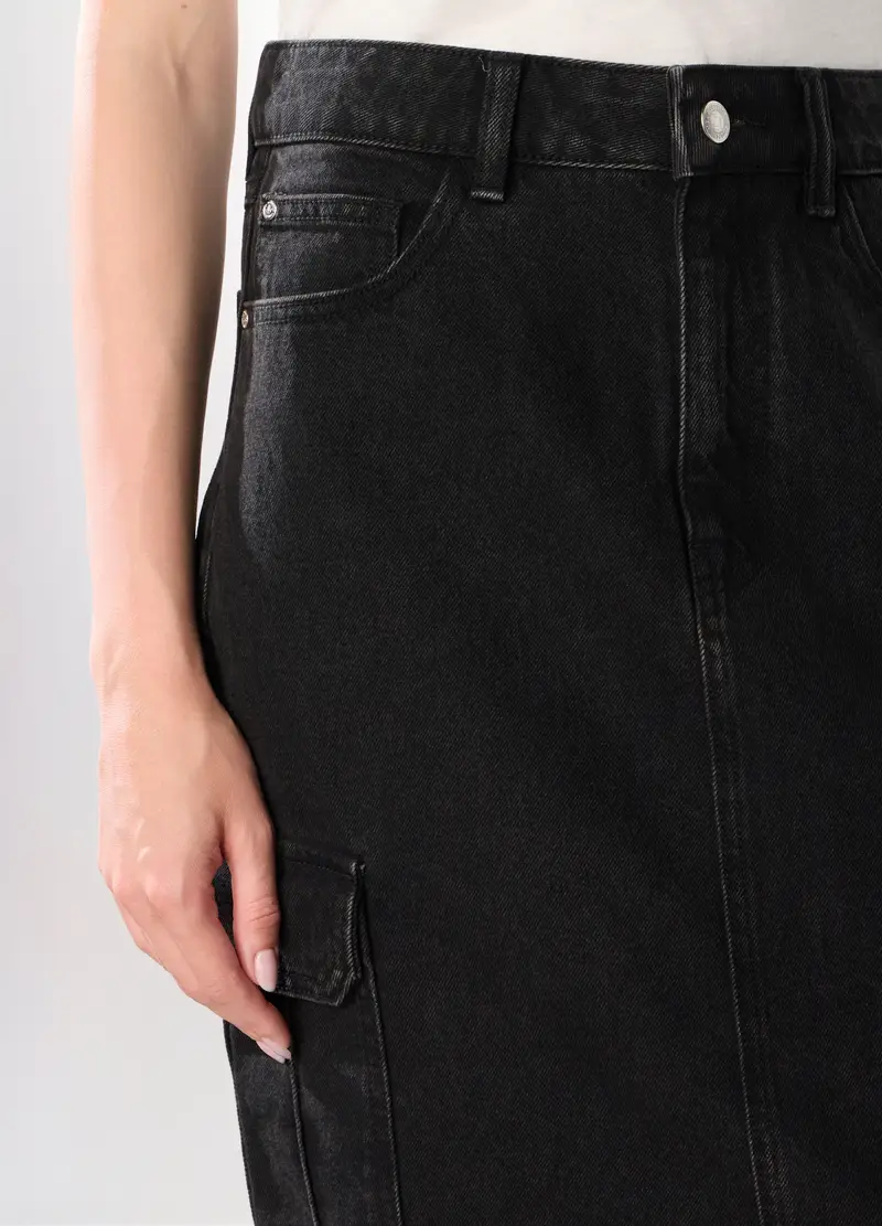 Gonna Lunga In Denim Di Puro Cotone Donna, Nero miniatura 3